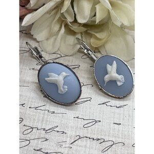 Blue White  Hummingbird Silver Boutique French Wire Cameo Earrings Wedding Mom